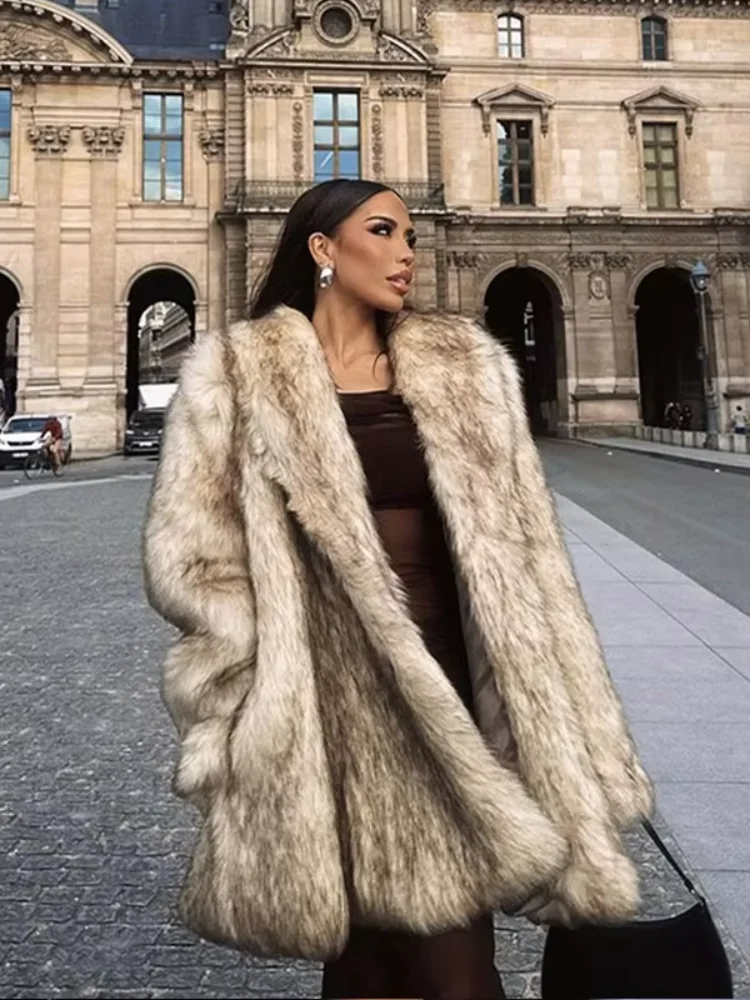 Fashion Lapel Women Thick Warm Long Faux Fur Jacket Elegant Long Sleeve Loose Cardigan Overcoat Winter Lady Chic Street Coats