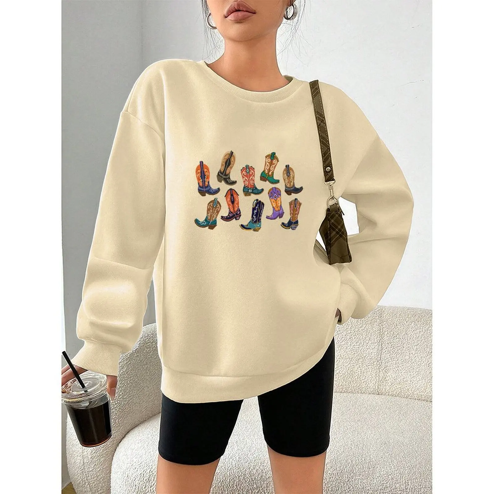

Women's Sweatshirts O-Neck Loose Casual Long-sleeved Velvet Winter Casual Fashionable Cowgirl Style Boots Print Sweatshirt