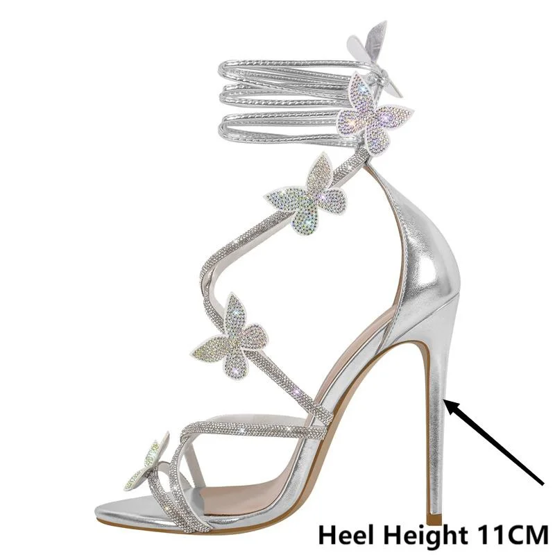 Onlymaker Women Open Toe Rhinestone Butterfly Heels Ankle Strap Crystal Strappy Heels Sparkly Stiletto Prom  Sandals