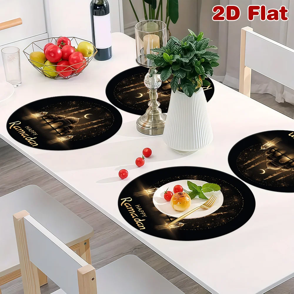 

2D Flat 4pcs, Hello Ramadan Decorative Placemats, Ramadan Themed Elements Round Placemats, Ramadan Holiday Blessings