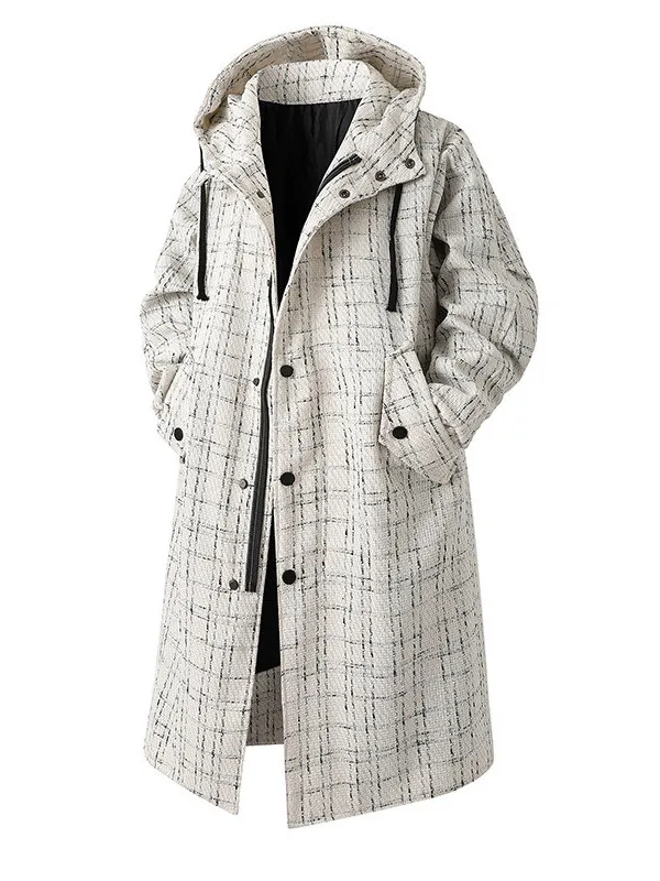 

Preppy Plaid Hooded Coat Men's Autumn Winter Mid-Length Knee-Length Light Maturi Sle Haome Outerwear Windbreaker