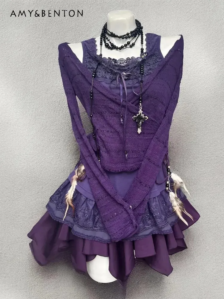 

2026 Spring Summer Women's Japanese Retro Style Purple Cardigan Slim Inner Camisole Lace Short Skirt 3 Piece Set