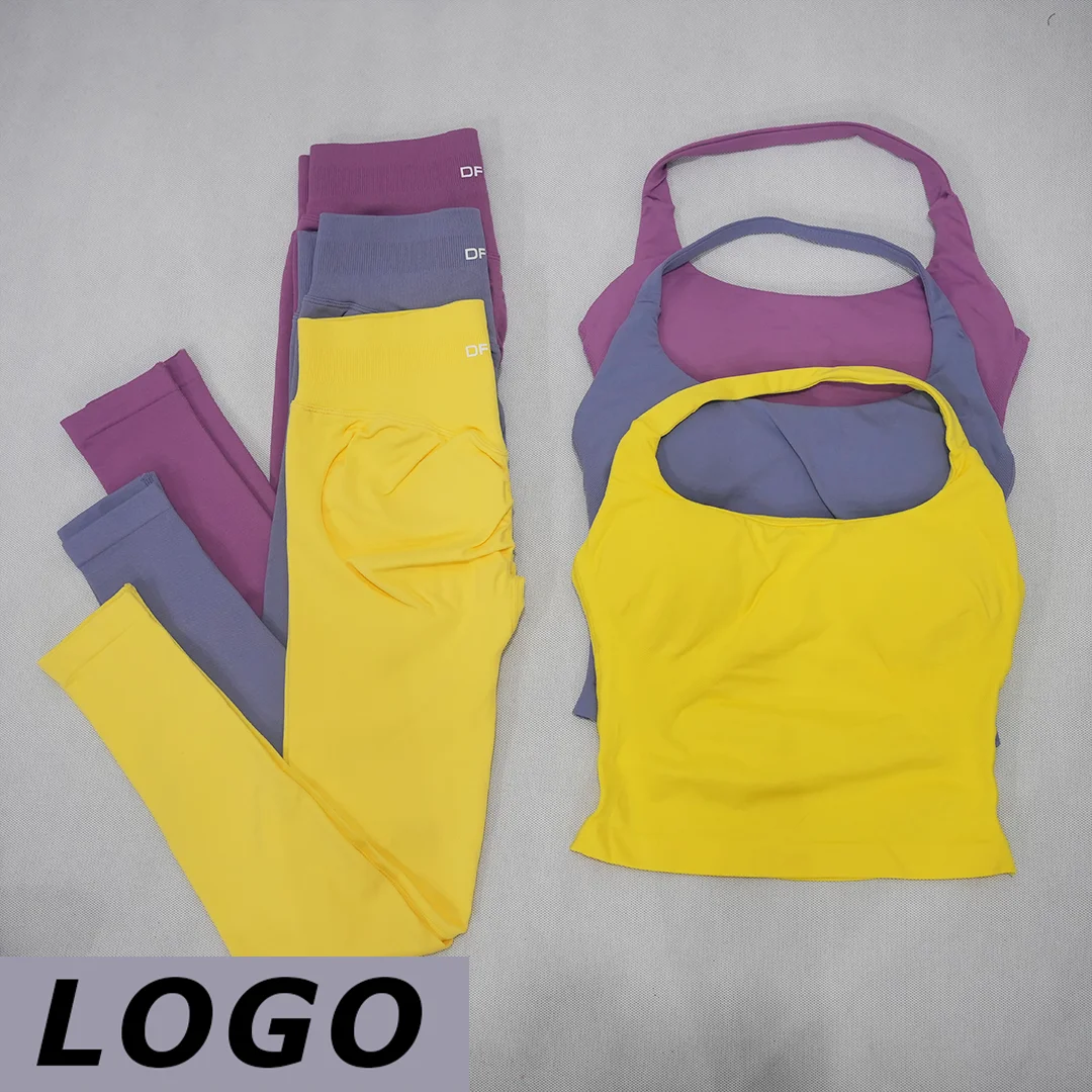 DF LOGO Women 2‑Piece Seamless Yoga Outfit U‑Neck Top High Waist Butt Lifting Biker Shorts Soft Elastic Gym Pilates FitnessSport
