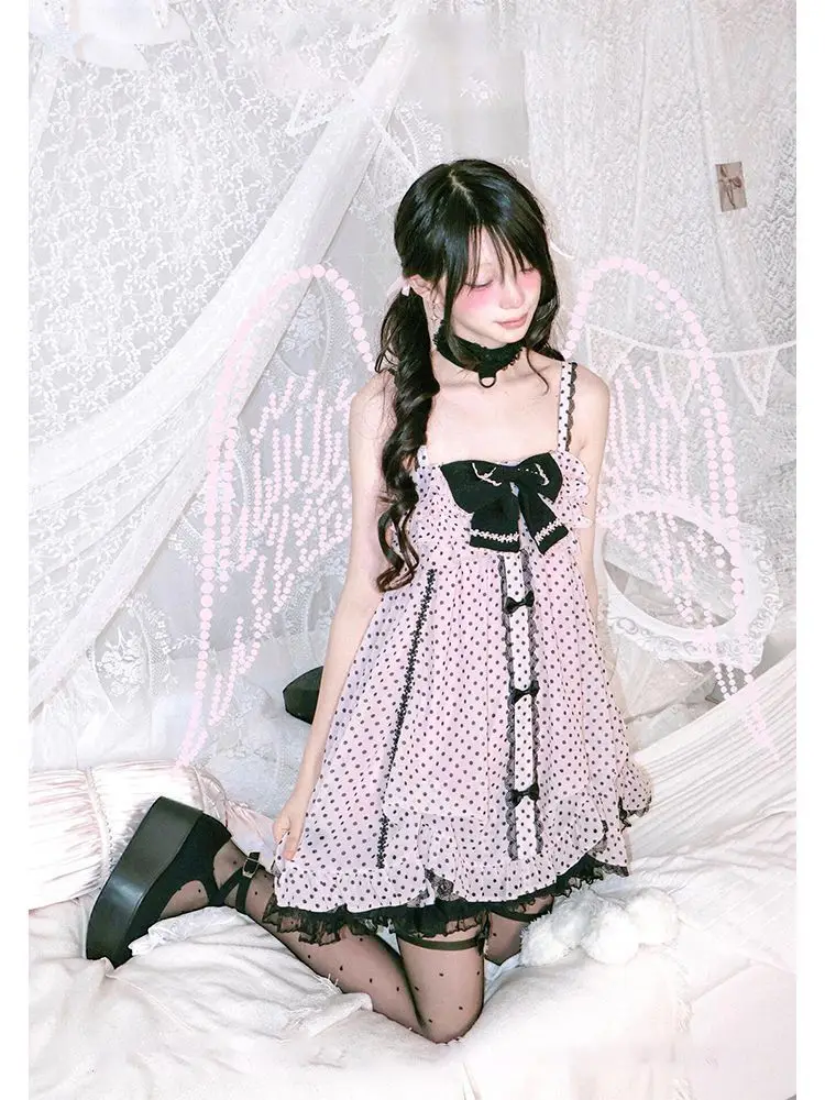 Japnese Kawaii Lolita Strap Mini Dress Pink Dot Print Velvet Bow Tiered Ruffle Black Lace Hem Daily Streetwear Outfit Women 2026 view 4