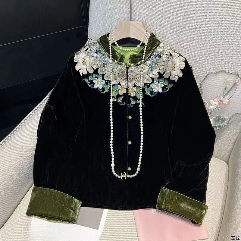 

2025 Spring Fall Women Stand Collar Embroidery Floral Green Velvet Coat , Woman Cardigan Patchwork Thick Velour Coats