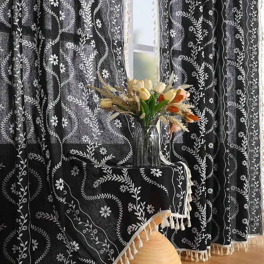 84 Inch Boho Farmhouse Curtains Living Room 2 Panels Linen Semi Sheer Vintage Floral Print