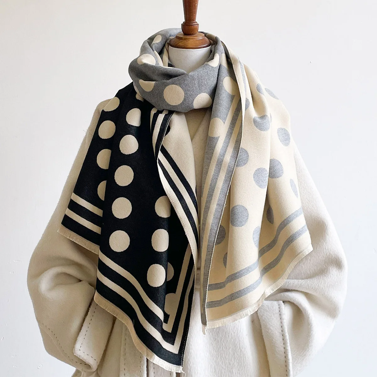 Winter High Grade Faux Cashmere Shawl Women Black Grey Vintage Classic Big Polka Dot Motif Thick Cozy Warm Large Wrap Scarf