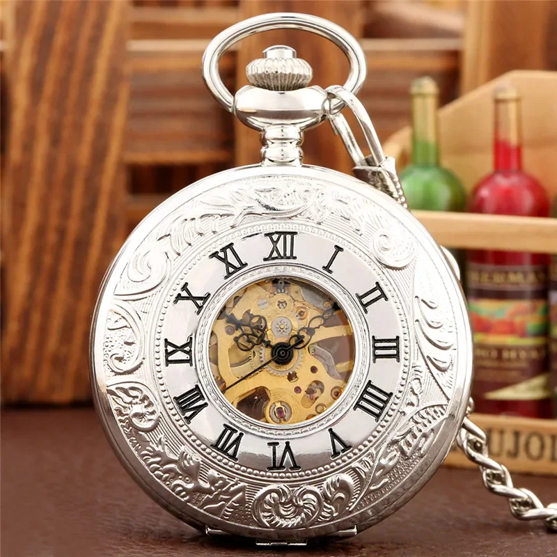 Vintage Silver Carved Roman Number Case Men Women Handwinding Mechanical Pocket Watch Skeleton Dial with Pendant Fob Chain Gift