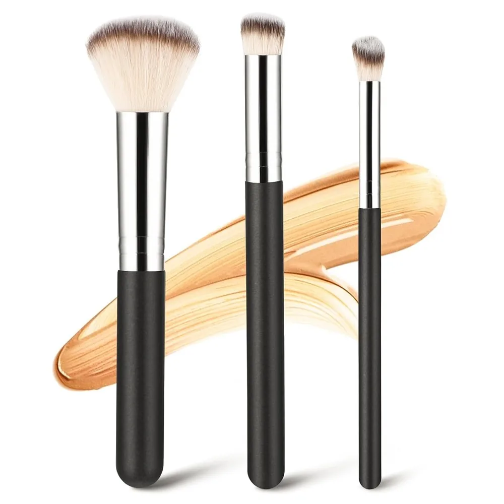 3 Piece Foundation Contour Brushes Set - Blending, Sculpting, Highlighting for Liquid Cream and Mineral Makeup