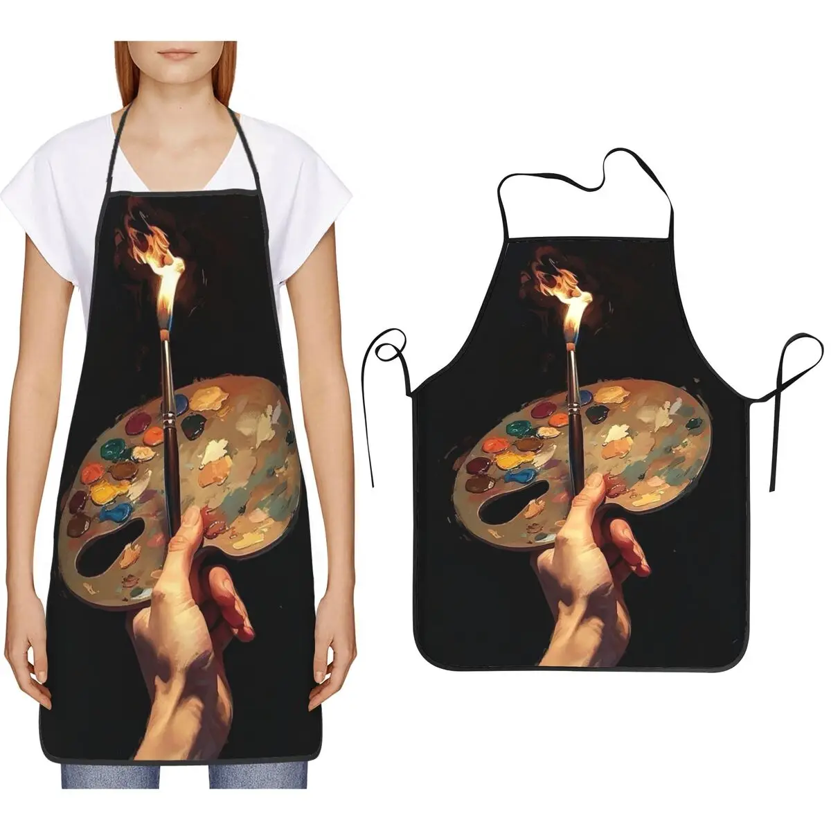 Artistic Paintbrush And Palette Print Apron Chef Cooking Cuisine Tablier Bib Kitchen Cleaning Pinafore for Women Men Painting