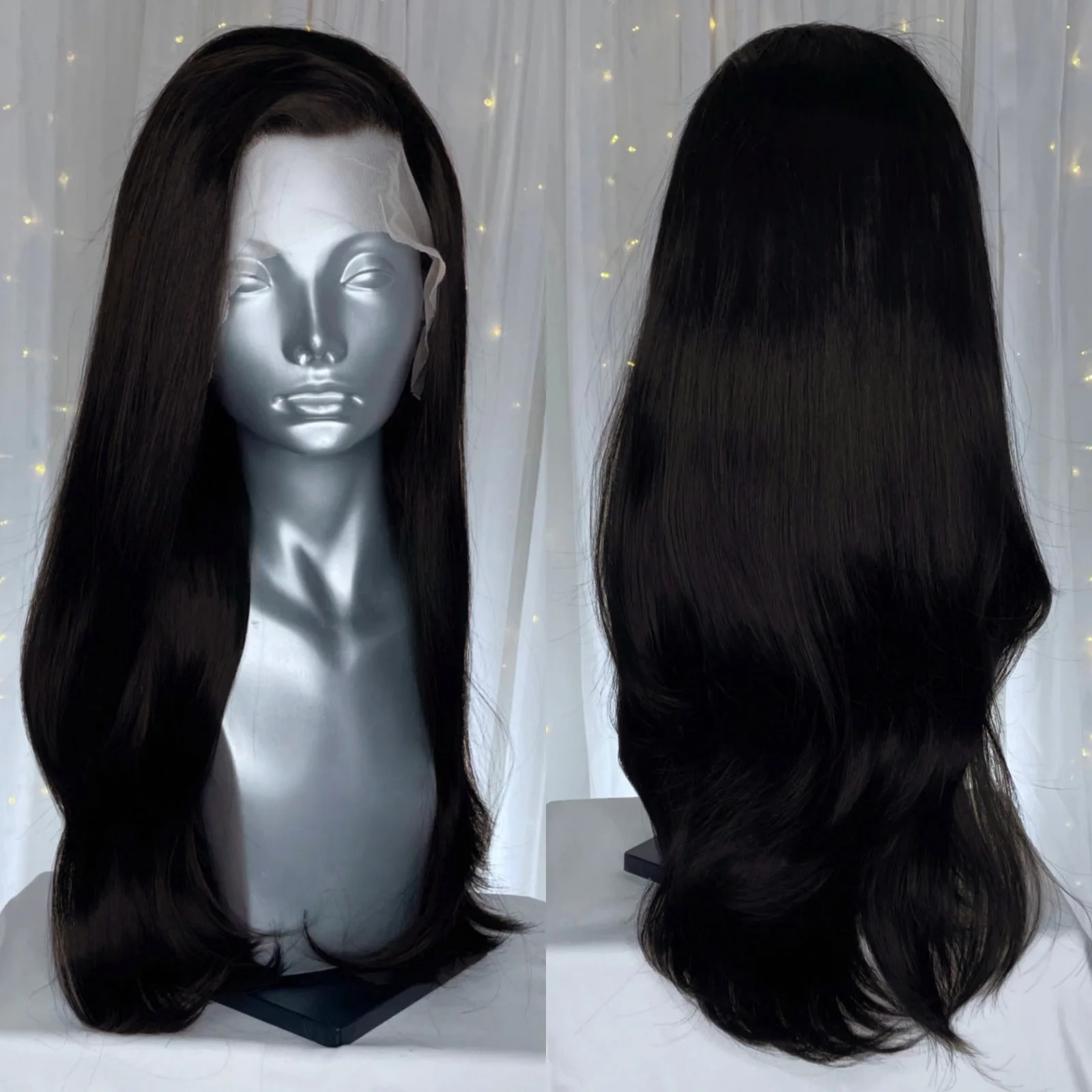 Long Wavy Dark Brown Synthetic Lace Front Wigs for Women Free Part Layered Cut Natural Wave Brunette Colored 13X4 Wigs Daily Use