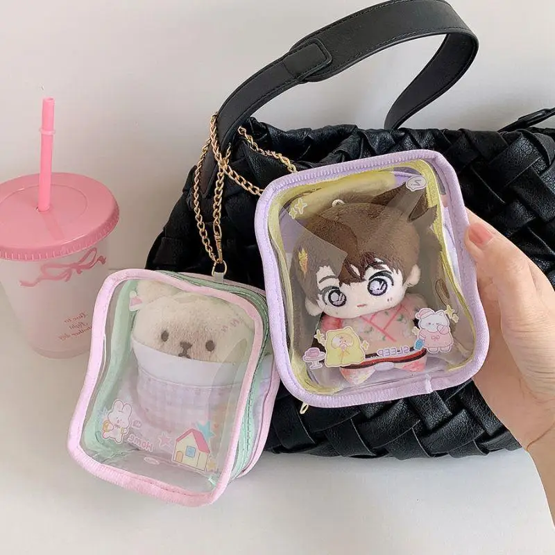 Borsa per esposizione per bambole in cartone animato Custodia per portachiavi Borsa per bambole in uscita Accessori per scatole per organizer per bambole trasparenti a prova di polvere
