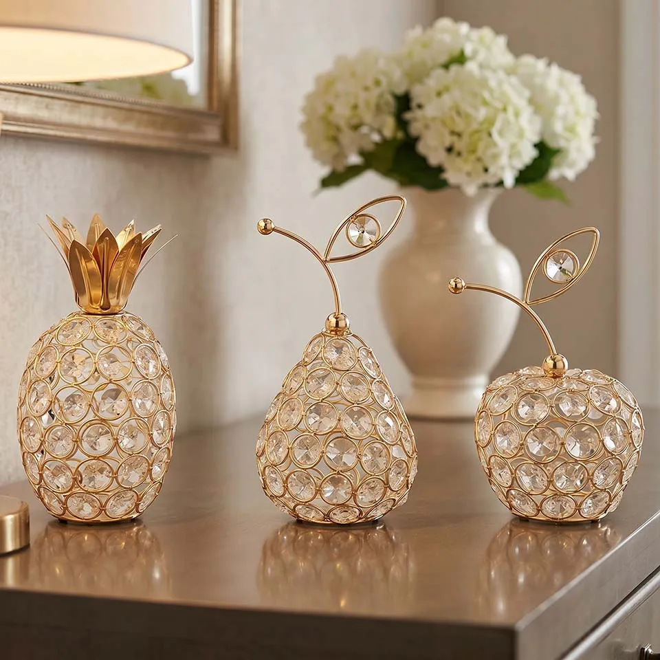 Golden Fruit Shaped Crystal Candle Holder Apple Pear Pineapple Sculpted Taper Candle Stand for Mantel Ornament & Holiday Gift