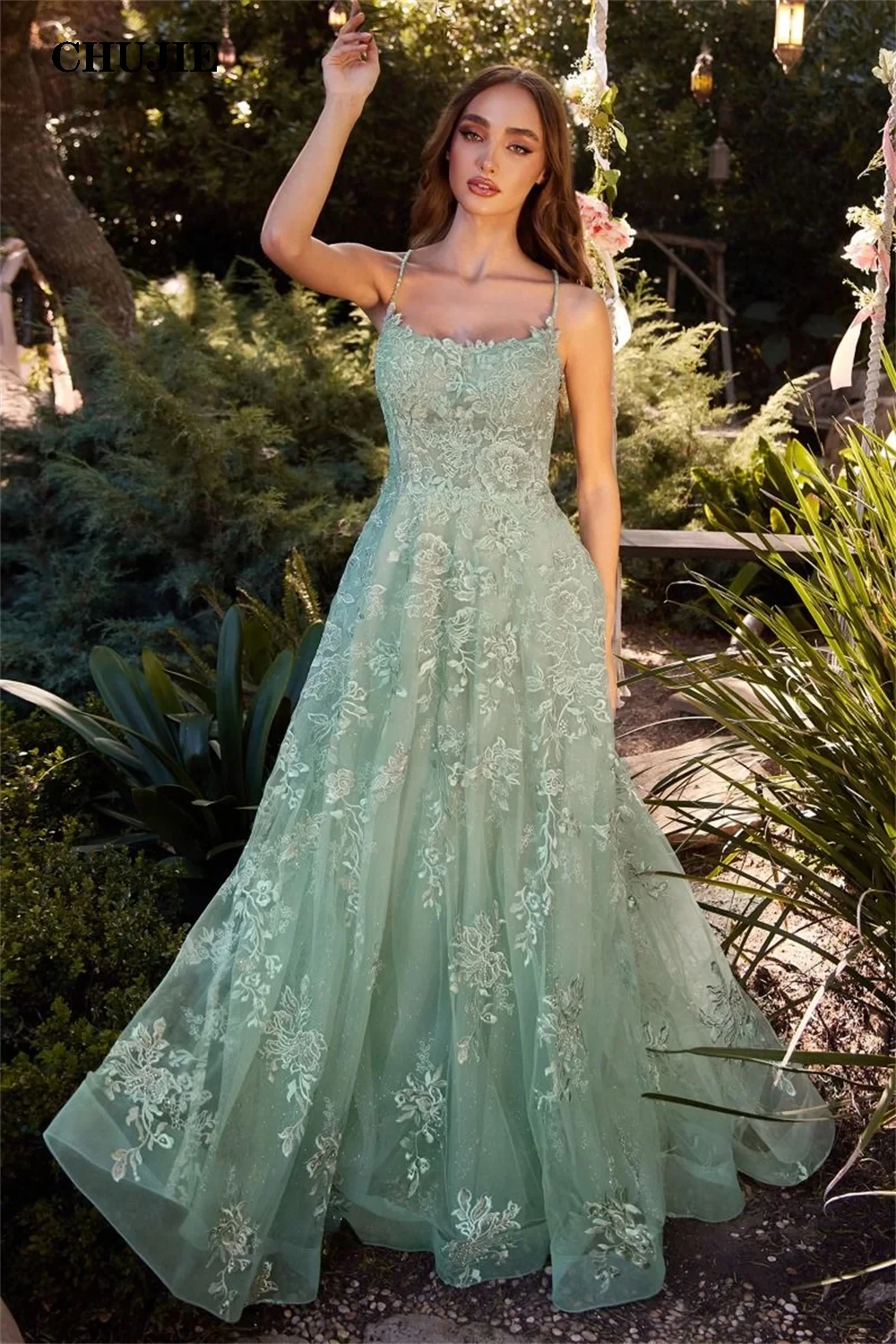 Lace Appliqué Prom Dresses Ball Gown Woman Luxury Glitter Tulle Evening Dress Sage Green Graduation Wedding Party Gowns Robe