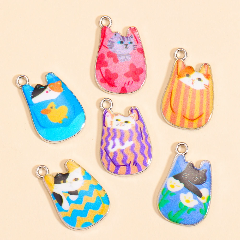 Mixed 10Pcs Cute Kitten Charms Dripping Oil Enamel Cat Pendants For Diy Earrings Necklace Jewelry Making Accessories Material