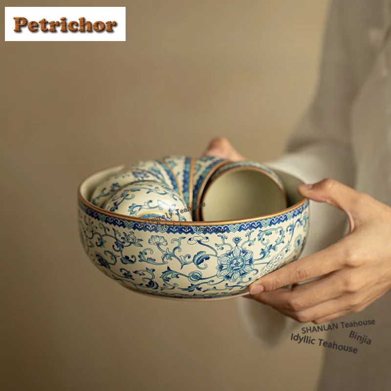 

850ml Ru Kiln Blue and White Jianshui Creative Tea Cup Wash Tea Garbage Can Water Washing Slag Tank Household Chaxi Decoration