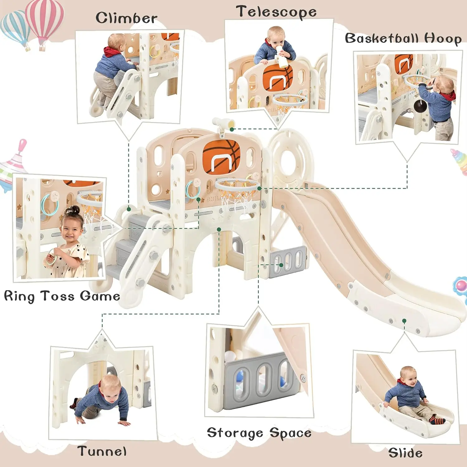 Kids Slide Playset Structure,Freestanding Castle Climbing Crawling Playhouse with SlideArch Tunnel,Ring Toss,and Basketball Hoop