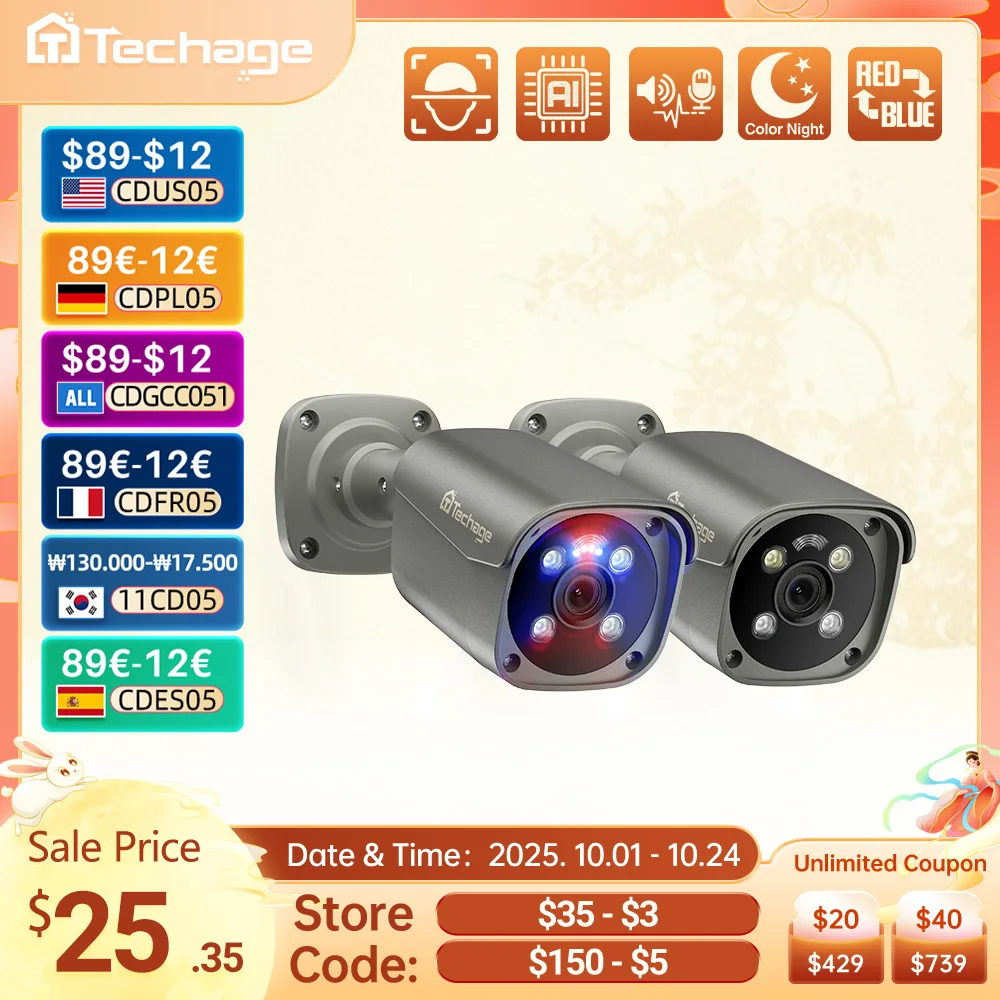 

Techage UHD 5MP 4K 8MP камера безопасности POE Smart AI Человек обнаруживает наружное двустороннее аудио IP камера CCTV