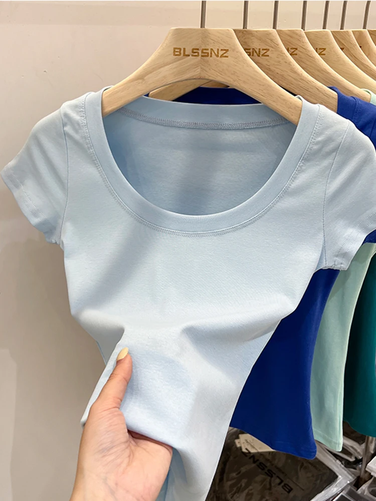 Sexy Square Collar Slim T Shirt Women Cotton Elastic Basic Solid Female Casual Tops Short Sleeve Thin T-shirts See Through