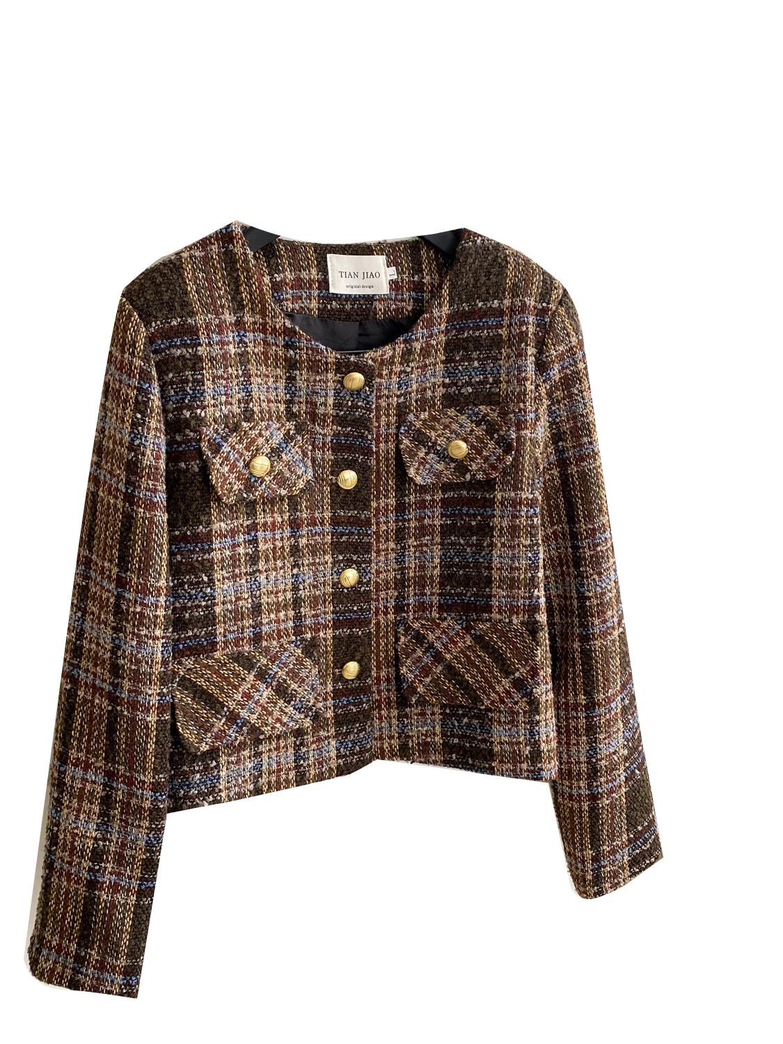 Ele ort Coat for Women round Ne Metal Bule Faionable Plaid Top Ladies Premium Sle Loose Fit Long Sve Coat