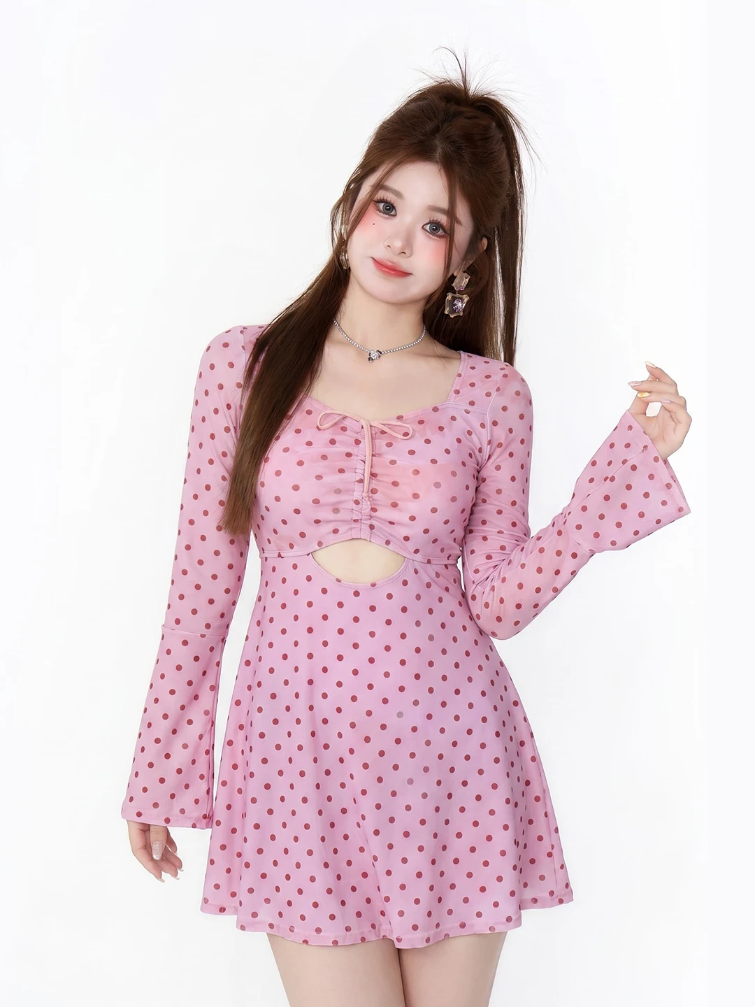 plus Size Pink Swimwear Long Sleeve Sun Protection for Plump Girls Pear Shape  Swimsuit Beach Play Pure E-commerce