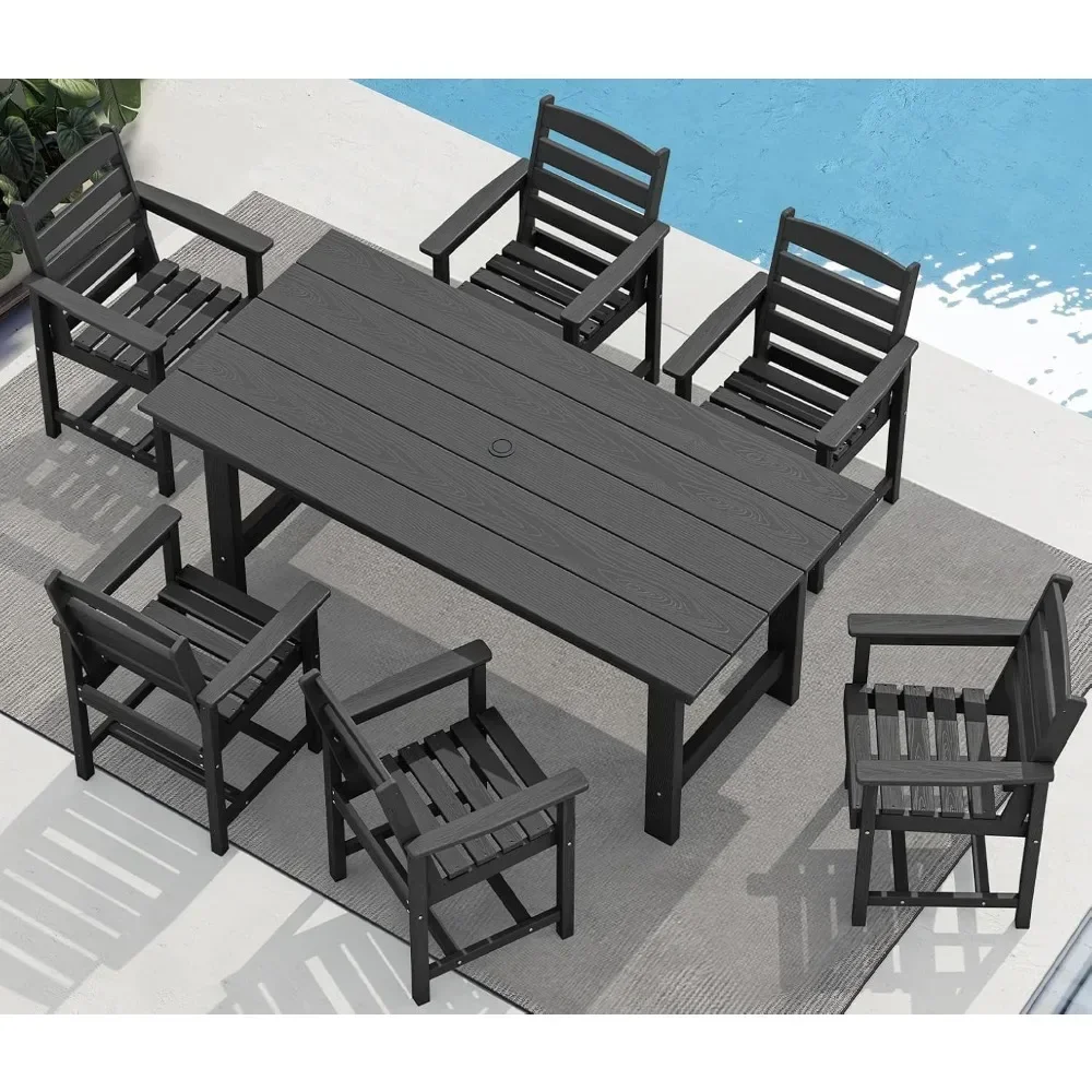 

Outdoor HDPE restaurant furniture set with umbrella hole hollow table and 6 chairs, featuring durability and reliability