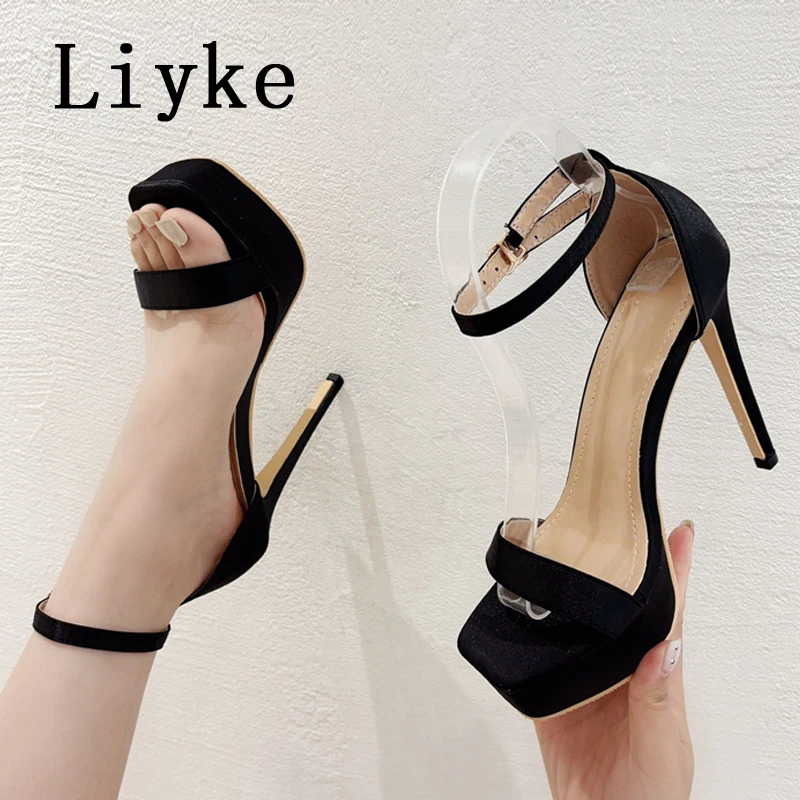 Liyke Summer Sexy Super High Heels Sandals Women Platform Pumps Fashion Open Toe Buckle Strap Ladies Party Stripper Shoes Black