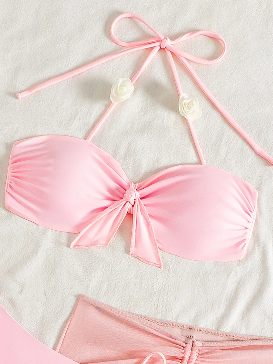 3D Flower Halter Bow Knotted Bikini Women Swimsuit Female Swimwear Three pieces Bikini Set Bather Bathing Suit Swim Beachwear