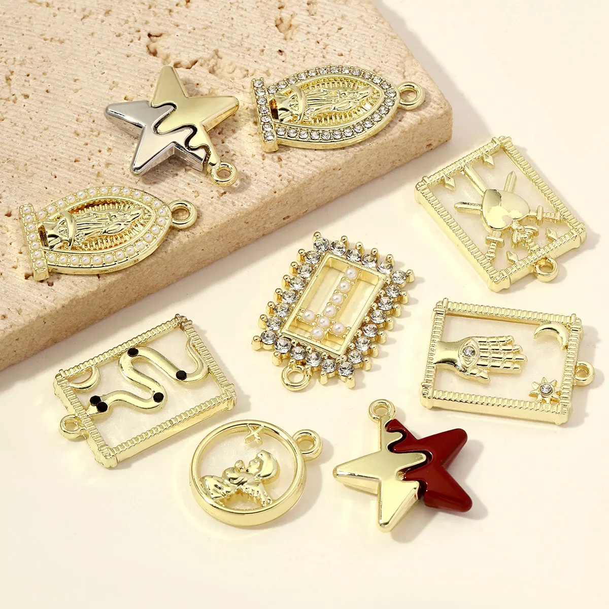 7pcs/lot Gold Plated Square Snake Heart Mary Earring Pendant Enamel Cupid Prayer Star DIY Charm Women Necklace Making Jewelry
