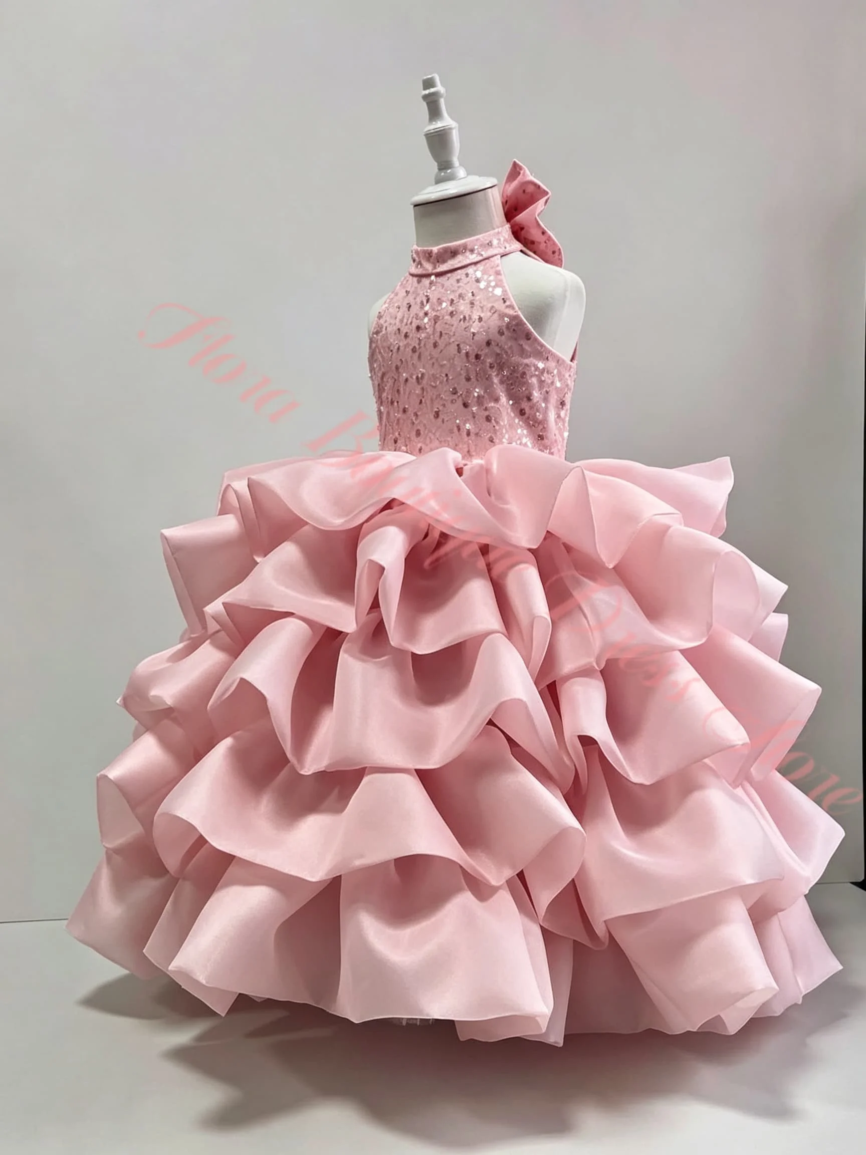 Customized Pink Flower Girl Dresses For Wedding Shining Puffy Sequins Princess Birthday Party Performance First Communion Gown