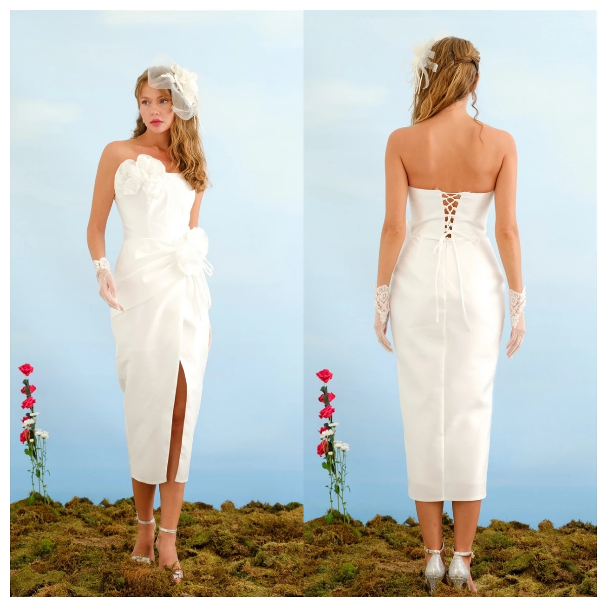 Moda personalizada camisa branca vestido de noite sem alças sem mangas vestidos de celebridades sob medida vestidos de ocasião rendas até bac