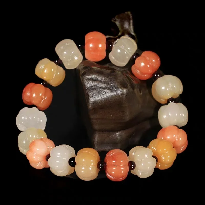 

Natural Multicolor Pumpkin jade beads 10mm Bracelet Adjustable Elastic Bangle Charm Jewellery Fashion Hand-Carved Amulet Gifts