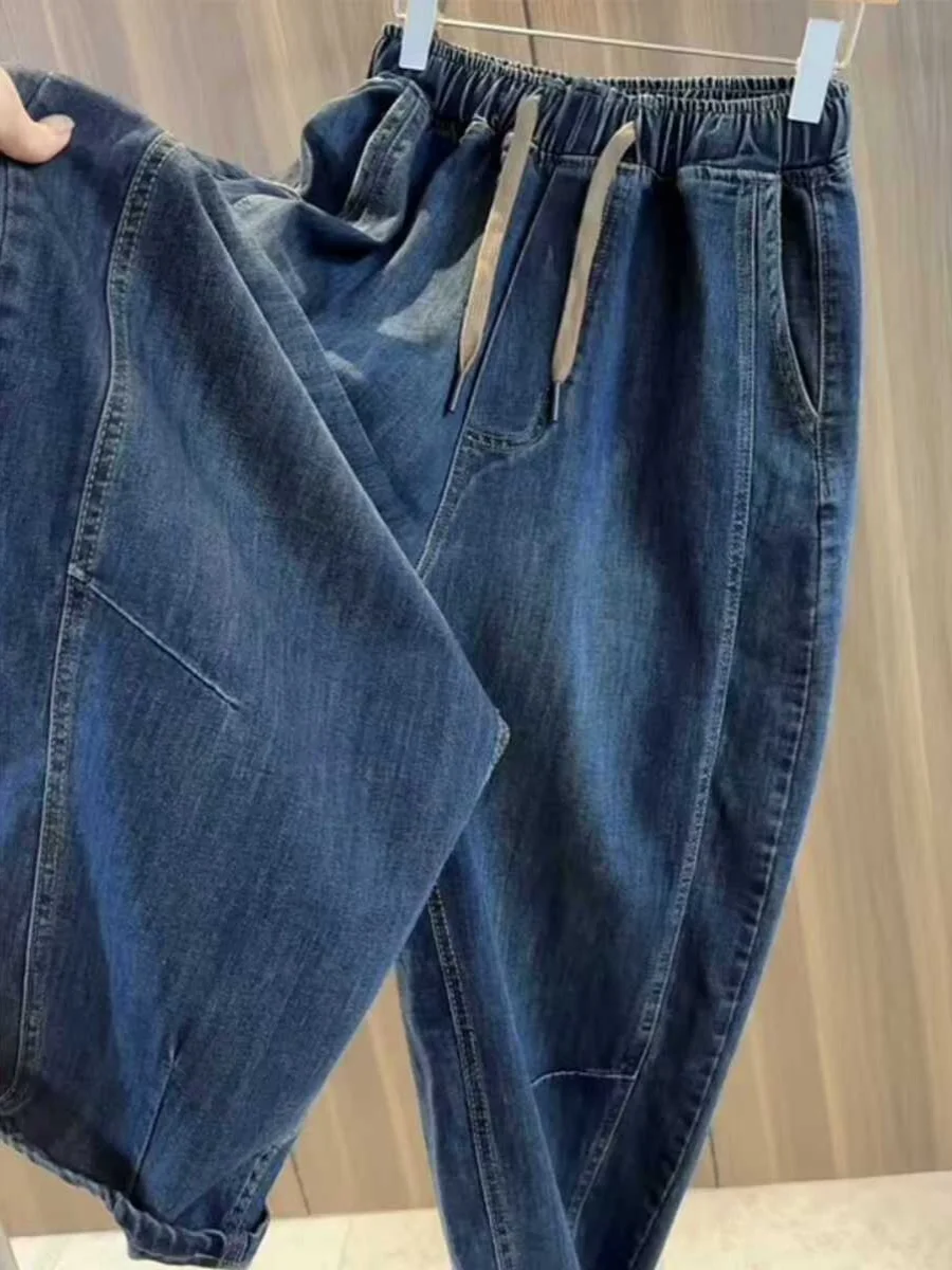 

Свободные повседневные джинсы с высокой талией в винтажном стиле, весна-лето, большие размеры, эластичный пояс, джинсовые брюки для женщин, модные