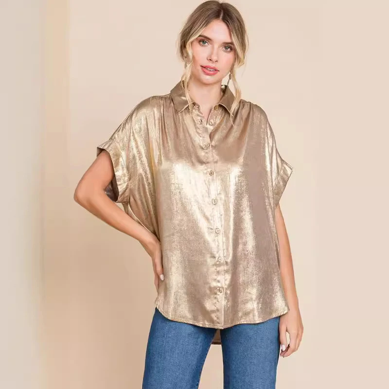 Blusa de manga batwing metálica feminina, camisa solta, nova moda, 2024