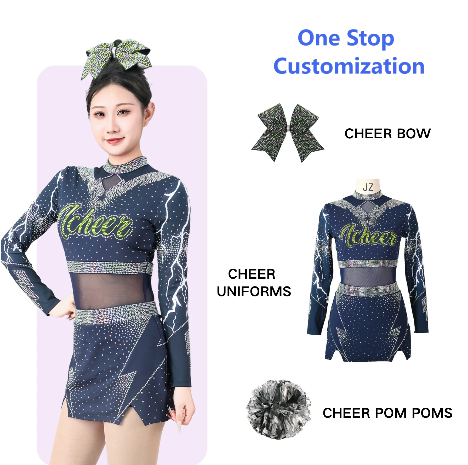 Dziecięce, młodzieżowe, zielono-czarno-niebiesko-błękitne, turkusowe stroje do cheerleadingu All-Star na zawody, z długim rękawem, zestaw.
