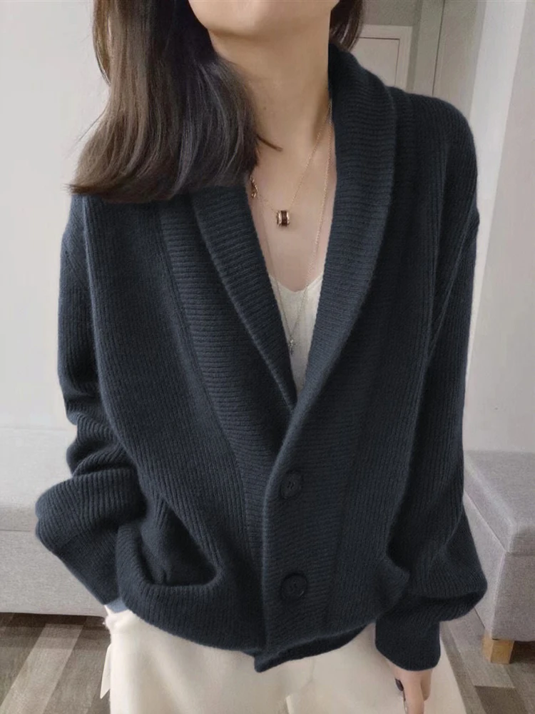 Pull Chic en Laine Mérinos pour Femme, Cardigan à Col en V, Décontracté, Simple, en Tricot, Manteau d'Optique, Vêtements Chauds, Nouvelle Collection Automne Hiver, 100%