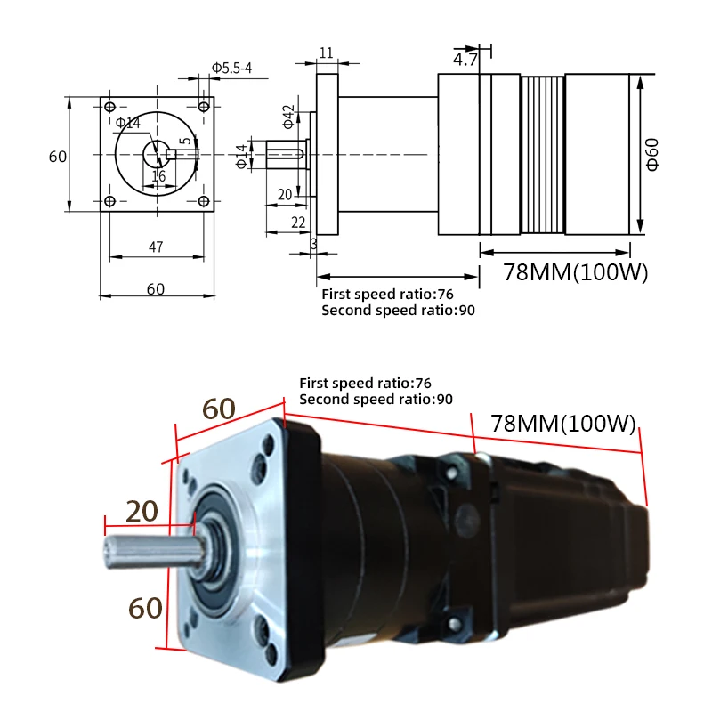 24V 60 Flange 100W Planetary DC Deceleration Brushless Motor Low Speed Small Planetary Gearbox Reducer with BLD-120 Driver