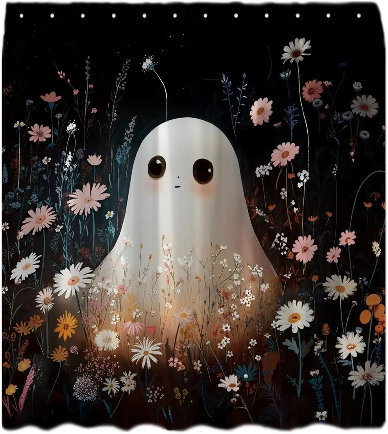 Halloween Spooky Shower Curtain Cute Funny Ghost Watercolor Daisy Floral Natural Plant Gothic Horror Cartoon Happy Holiday