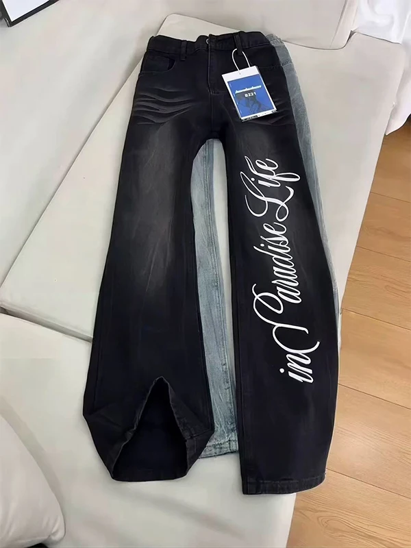 

American Letter Print Curved Knife Jeans High Street Trendy Brand Vibe Flared Straight Leg Pants for Men Haome And Cool