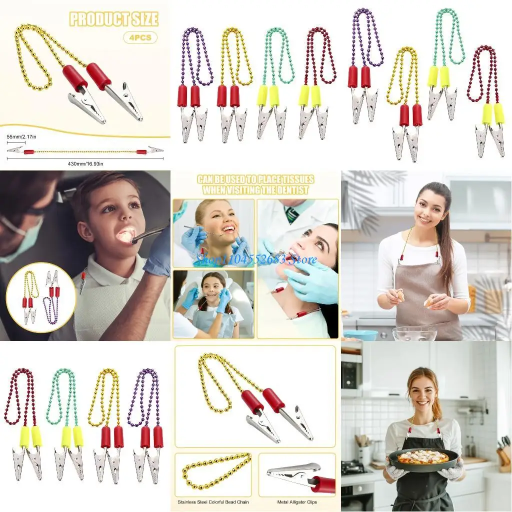 Y6GD 4 Uds servilletas acero inoxidable Clip cadena collar durabilidad Multicolor para cenar