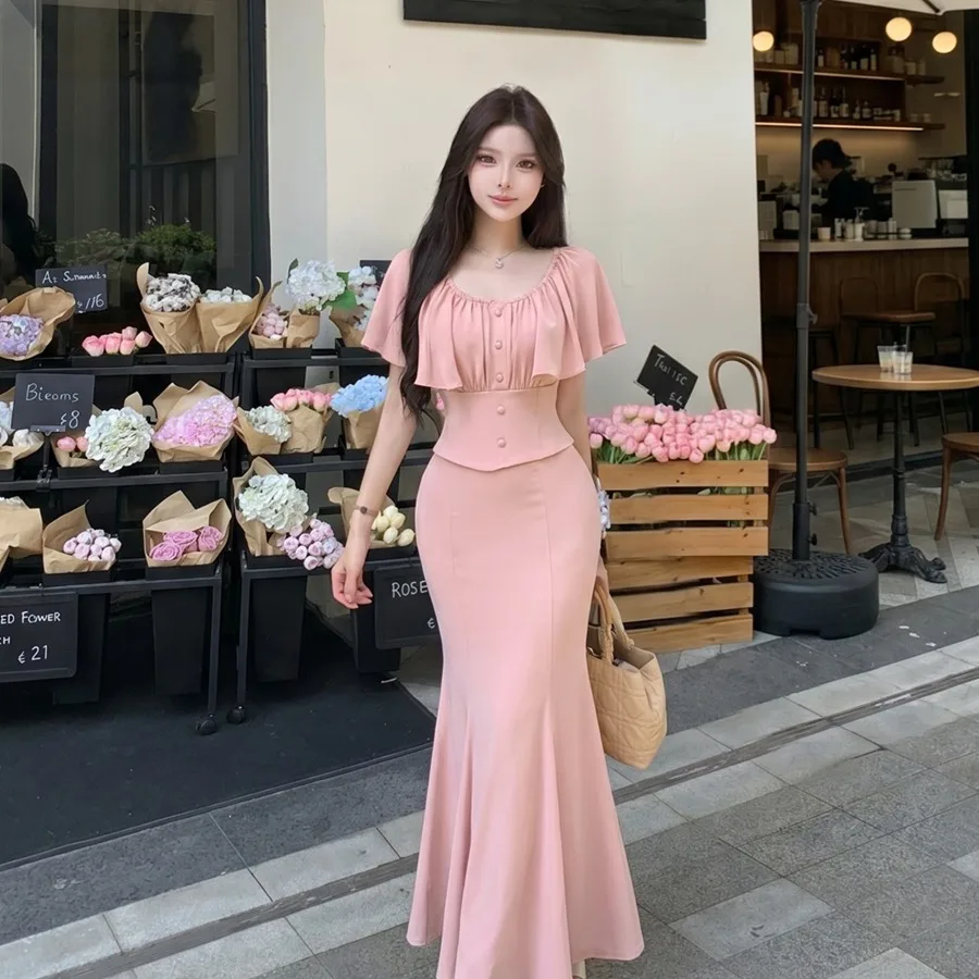 

Summer 2026 Sexy Slimming High Waist Fish Tail Skirt Set Women's Fashion Short Sleeve V-Neck Zipper Closure Bodycon Style