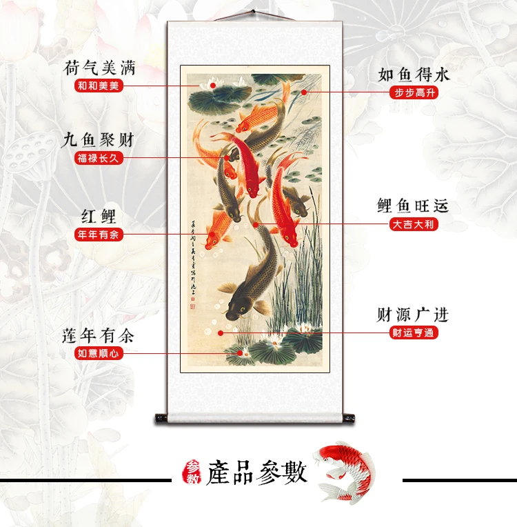 TOP business gift Home office WALL Decorative art Auspicious 9 fishes Money Drawing GOOD Luck Mascot FENG SHUI silk painting