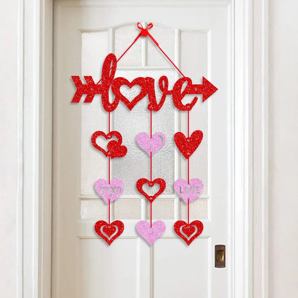 Valentines Day Door Sign Romantic Red Heart Pattern Front Door Hanging Ornament Happy Letter Printed 14 February Wreath Decor