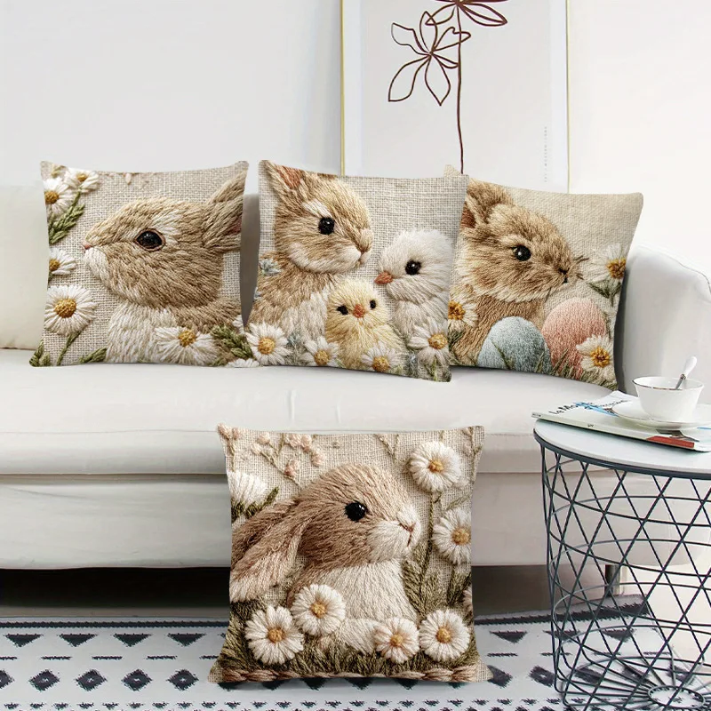 Rabbit Daisy Cute Printed Pillow Cover Plush Polyester Cushion Case 2D Flat Printing Pillowcase Home Decor Gift Easter Kids