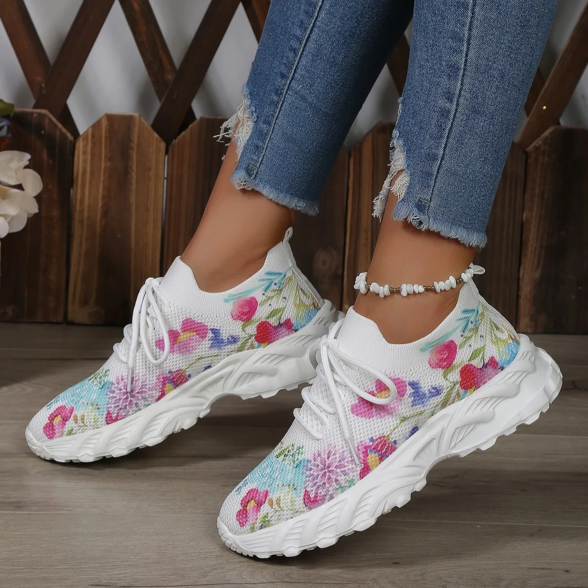 2024 Women\'s Casual Shoes Breathable Mesh Floral Pattern Platform Sneakers Casual Lace Up Outdoor Walking Vulcanized Shoe 35-42