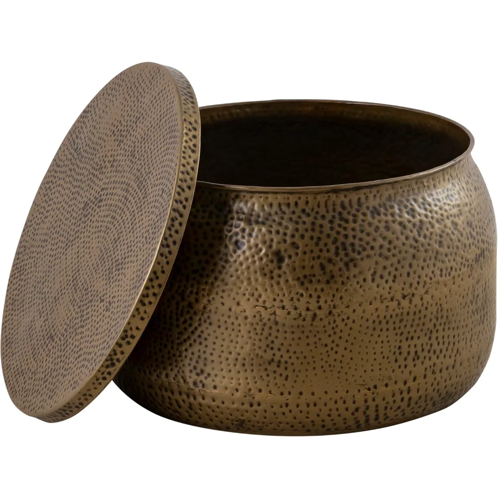 Modern Round Brass Metal Drum Coffee Table - Aluminum Hammered Embossed Texture, Removable Lid for Storage,