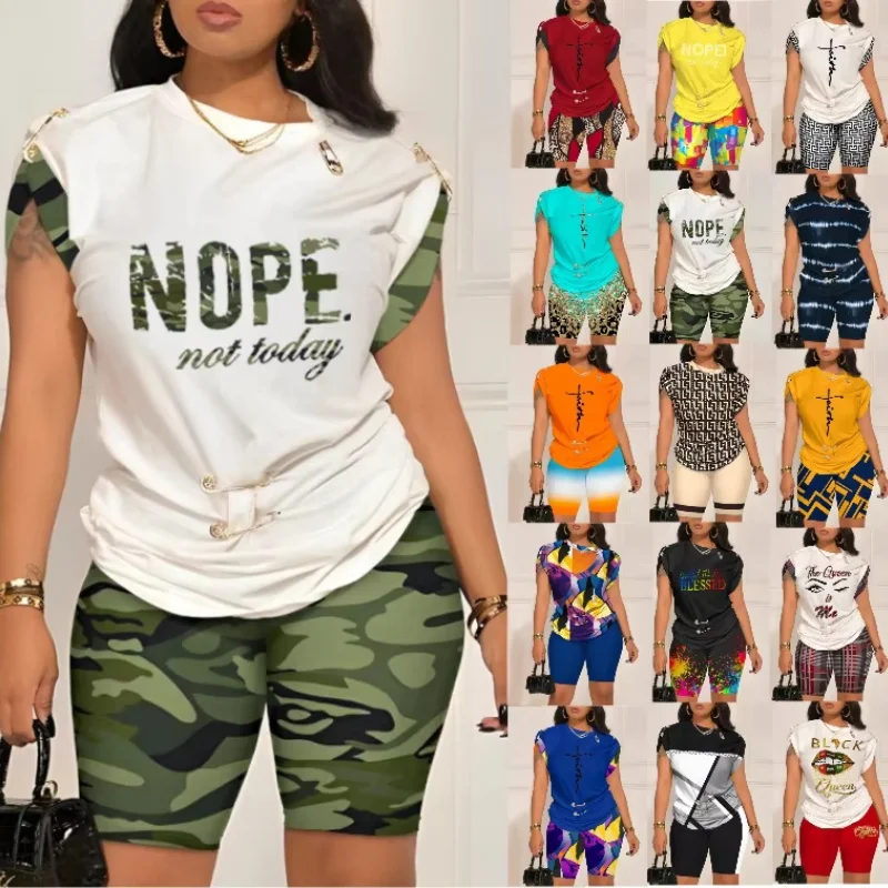 여성용 캐주얼 투피스 세트, 레터 프린트 O넥 반팔 복장, 여성 티셔츠 상의, 반바지 수트, 운동복, 여름 패션