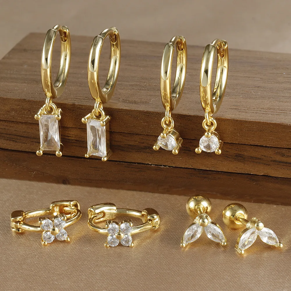 2PCS New Design Crystal Zircon Stainless Steel Hoop Earring Set For Women 18K Gold Plated Square Earring Piercing Jewelry aretes