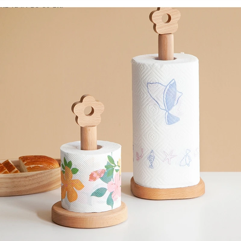 Art Little Flower Vertical Solid Wood Paper Towel Rack Simple Household Kitchen Roll Multifunctional Storage