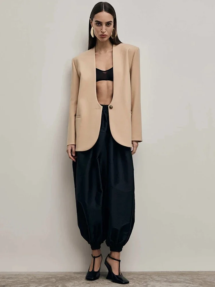 عميق الخامس الرقبة طويلة الأكمام مثير سترة المرأة أنيقة مكتب سيدة أنيقة زر واحد بليزرات جاكيتات معاطف ضئيلة #5